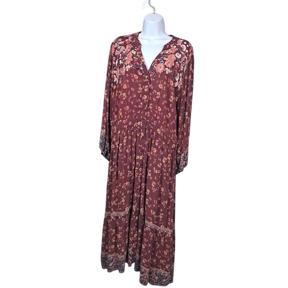 Knox Rose Burgundy Floral Button Front Tiered Midi Dress XXL Boho Cottagecore
